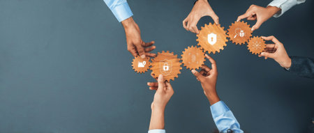 Diverse hands assemble gears symbolizing security and collaboration in cybersecurity strategies,...