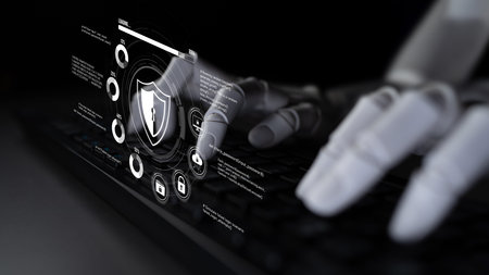 AI artificial intelligence strengthens cybersecurity with intelligent threat detection, virtual assistant alerts, and proactive protection against digital breaches.の写真素材