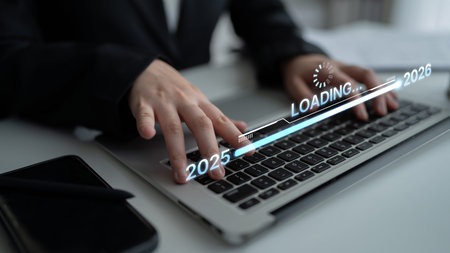 Visualizing the shift from 2025 to 2026. Progress bar symbolizing advancement, strategic foresight,...