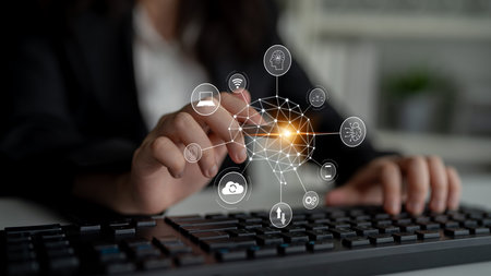 A visual of artificial intelligence network connecting AI, network, and system across a structured...