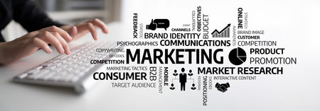 This image depicts essential marketing concepts represented through graphics and a keyboard, highlighting elements of research, feedback, and consumer engagement strategies. Tesselの写真素材