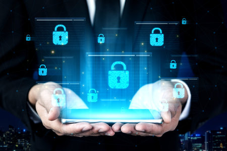 Concept of cybersecurity and a secure network. Multiple layers of data encryption and firewall...