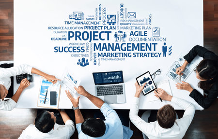 A diverse team collaborates on project management strategies, utilizing data visualization and tools...