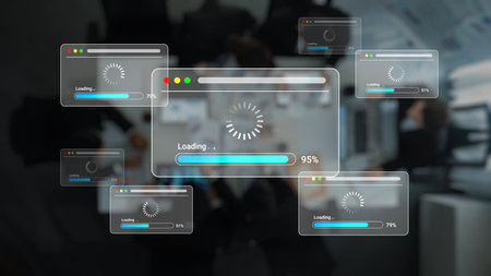 Futuristic User Interface with Multiple Loading Indicators on Digital Screens in a Business Setting...