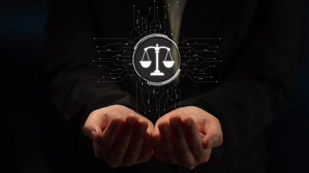 Futuristic digital law interface displaying justice scale, highlighting digital law, AI compliance,...