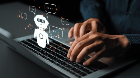 AI chatbot virtual assistant interacting with users through AI conversation bubbles, symbolizing AI...