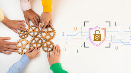 Team Collaboration Concept with Gears and Cybersecurity Icon on White Background, Symbolizing...