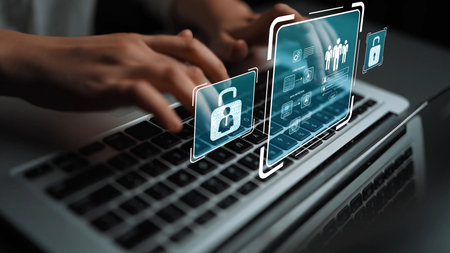 Hands Typing on Laptop with Digital Security Icons Illustrating Data Protection, Privacy Measures,...