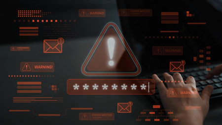 Password security breach warning with red asterisk box, cybersecurity alert, lock icons, and...