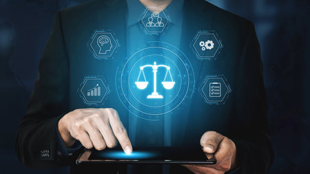 Futuristic digital law interface displaying justice scale, highlighting digital law, AI compliance,...