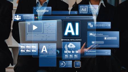 A group of business professionals interacts with a laptop showcasing various artificial intelligence...