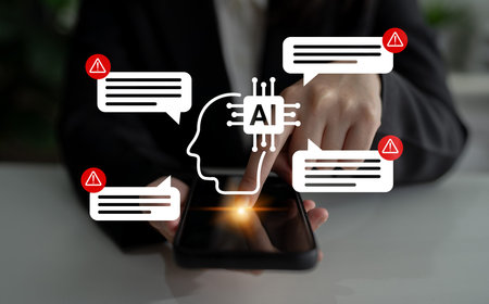 A person interacts with a smartphone displaying alerts related to artificial intelligence in a...