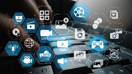 Multimedia technology with video, audio, photo and streaming icons representing digital media,...