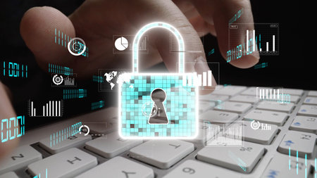 Image illustrating digital security themes, featuring hands typing on a keyboard with an overlaid...