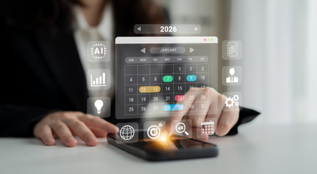 2026 calendar interface surrounded by AI, data, and business icons representing scheduling,...