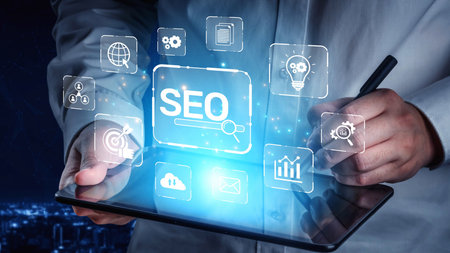 SEO concept for improving SEO visibility, with SEO related digital tools and SEO performance icons...