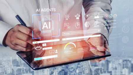 Professional Male Holding Tablet Device with Digital AI Interface Displaying Data Analytics and...
