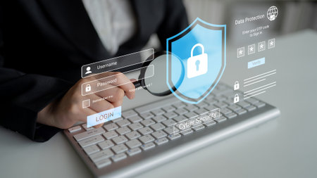 A business professional engages with a keyboard, emphasizing cyber security elements such as secure...