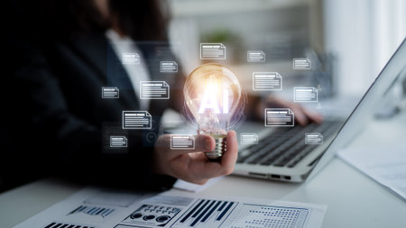 AI document automation concept with floating files and knowledge cards. Document NLP processing,...