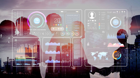 Smart home dashboard manages IoT system. Smart home dashboard controls temperature, dashboard tracks...