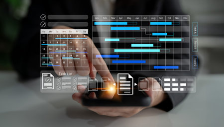 A business professional interacts with a smartphone displaying a digital calendar and task list....