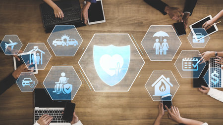 Security and insurance concept showing protection coverage for health, travel, home, car, life, and...