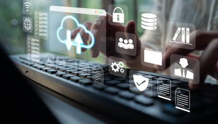 Cloud upload and download icon with surrounding data management, security, and analytics icons in...
