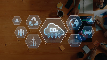 CO2 Emission Reduction Concept with Graphic Elements Representing Sustainability, Renewable Energy,...