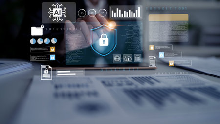 A visual representation of digital security featuring lock symbols and AI elements, ideal for...