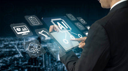 Businessman Using Tablet to Interact with Digital Icons Representing Technology, Data, and...