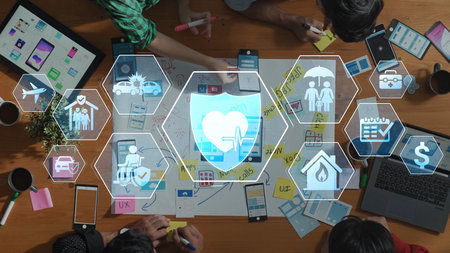 A vibrant collaborative workspace showcasing a team engaged in the design of health solutions,...