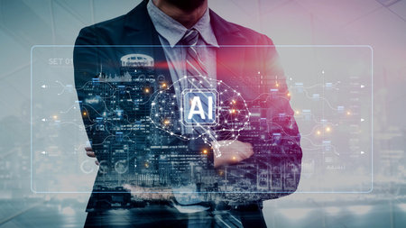 AI neural network and data processing system visualizing artificial intelligence with brain structure, chip, and connected data blocks for computation and learningの写真素材