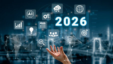 Digital icons, analytics symbols, and glowing number 2026 representing business goals, innovation,...
