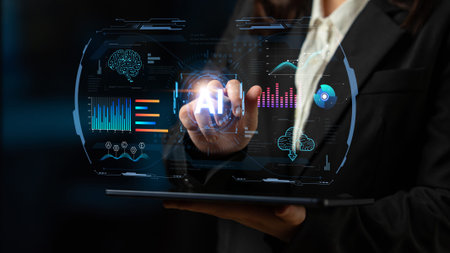 Futuristic AI analytics display realtime dashboards, forecasting and cloud monitoring, helping...