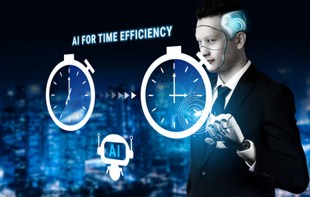 Futuristic Businessman with AI Technology Enhancing Time Efficiency in a High-Tech Cityscape...