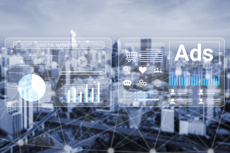 A modern digital marketing scene showcasing visual data analytics and advertising concepts,...