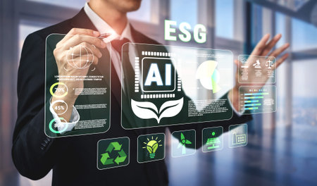 Business Professional Using Advanced Technology to Analyze ESG Metrics with AI in a Modern Office...