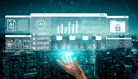 This futuristic digital interface portrays technology, data analytics, and AI integration amidst an...