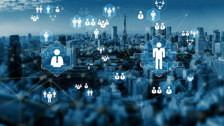 Digital Network Connectivity Concept with People Icons over Metropolitan City Landscape Representing...