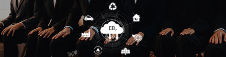 Group of professionals engaged in a business meeting emphasizing sustainability and environmental issues, featuring a CO2 graphic and various eco-friendly icons.の写真素材