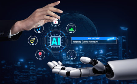 Futuristic Concept of AI Assistant with Human and Robot Hands Interacting in a Digital Environment...