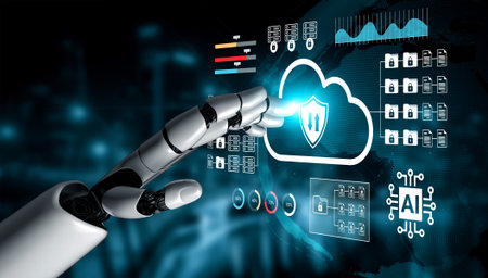 A robotic hand reaches toward a cloud symbol, symbolizing the interaction between artificial...