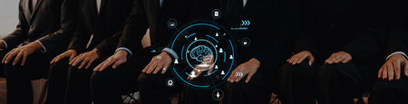 A group of business professionals seated in a modern conference room, engaged in innovative...
