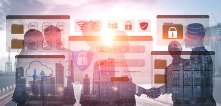 Secure login and file management interface with folder, password, and encryption icons for...