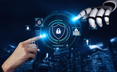 Futuristic Interaction Between Human Hand and Robotic Hand in Cybersecurity Concept with Digital...