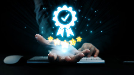 A glowing digital certificate icon hovers above a hand, representing success and trust in a modern...