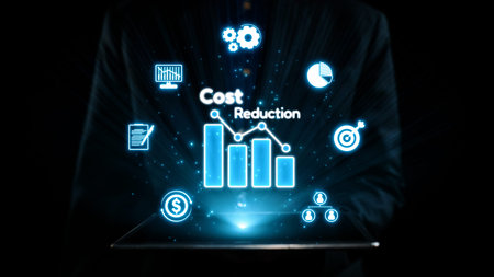 A businessman presents a tablet showcasing a cost reduction graph surrounded by various icons,...