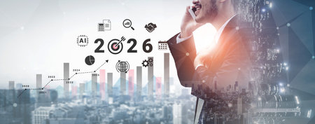 Bar graphs, charts, and number 2026 with AI and data analysis icons symbolizing future business...
