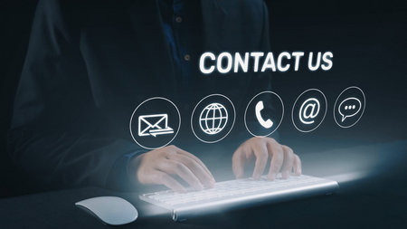 UI concept for contact us section showing icons for email, web, phone, and message. Contact and...