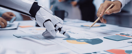 A futuristic scene of a robotic hand assisting a human in analyzing colorful charts and graphs on a...